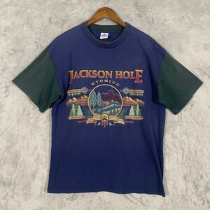 H.L. Miller T-Shirt Sz L Blue Jackson Hole Wyoming 1994 Graphic Colorblock USA